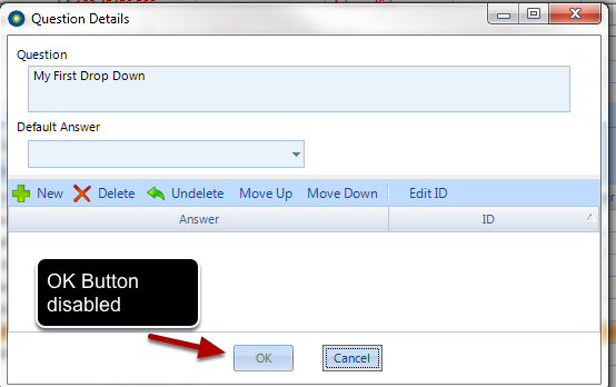 Drop Down Questions must have at least one answer added before they can be saved