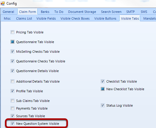 The new questionnaire tab is only displayed with the \"New Question System Visible\" check box is ticked in the config screen
