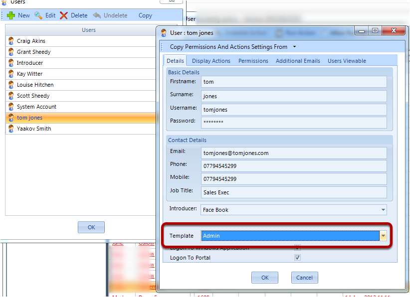 Select a user and select the template