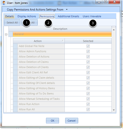 Display Actions (1), Permissions (2) and users viewable (3) are as defined by the template and are greyed out 