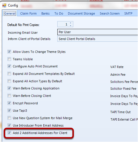 In the General Tab - tick the \"Add 2 Additional Addresses for Client\" check box