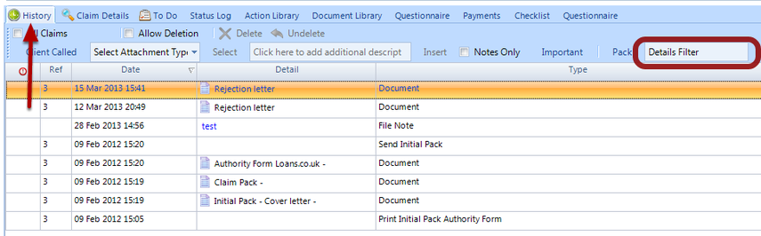 Open a client and select the history tab