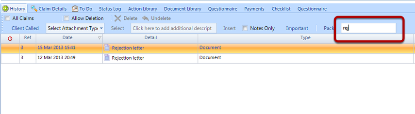 Click on the History Filter box and type in the term you wish to search on