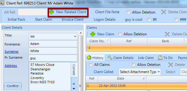 Open an Existing Client's Window and Click on New Related Client