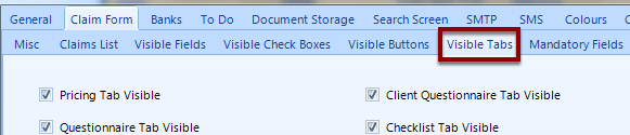 Within the Claim Form Tab, select the 'Visible Tabs' Tab