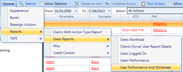 In the Main screen, Select General -\> Reports -\> Users Reports -\> User Performance and Workload