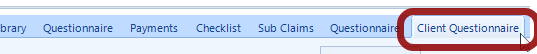 The Client Questionnaire is displayed as a new tab in the client screen