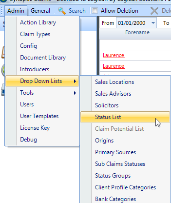 In the Main window, select Drop Down Lists -\> Status List 