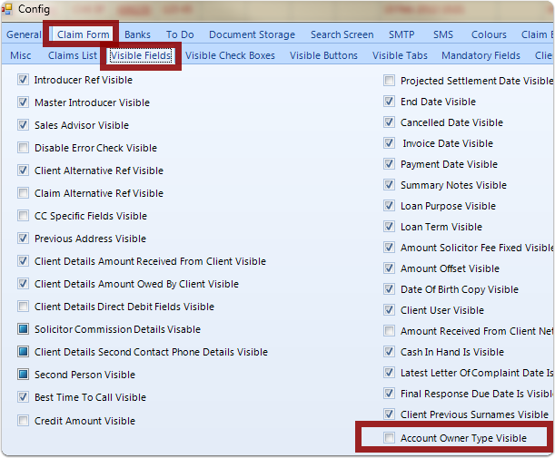 In the Claim Form Tab select the Visible Fields Tab