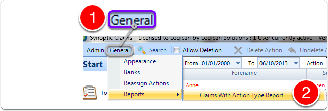 From the main window select General\Reports\Claims With Action Type Report