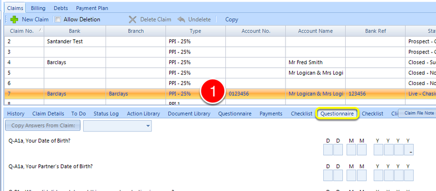 Select the Claim to copy the Questionnaire to