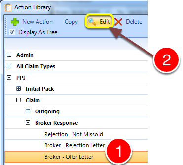 Open the Action set-up window
