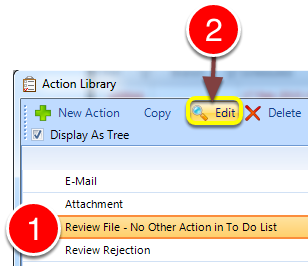 Open the required Action setup window