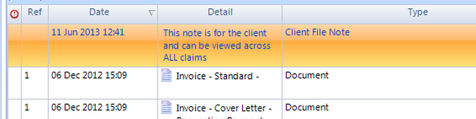The file note is shown in history for all claims
