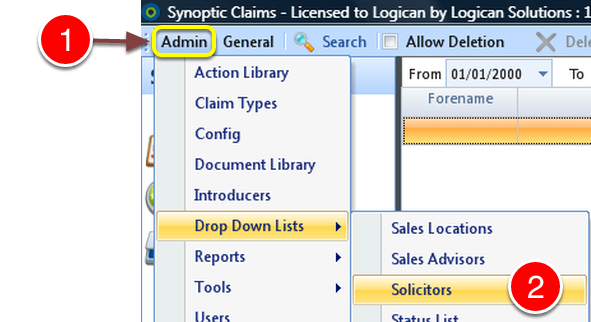 Open the Solicitors Drop Down List window