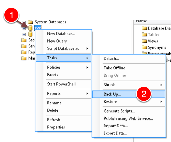 Select the Backup Action