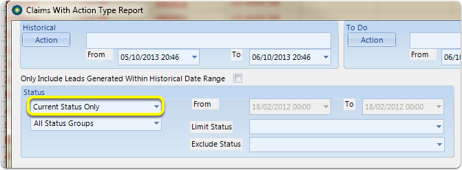 The report window is displayed with the Status section showing \"Current Status Only\"
