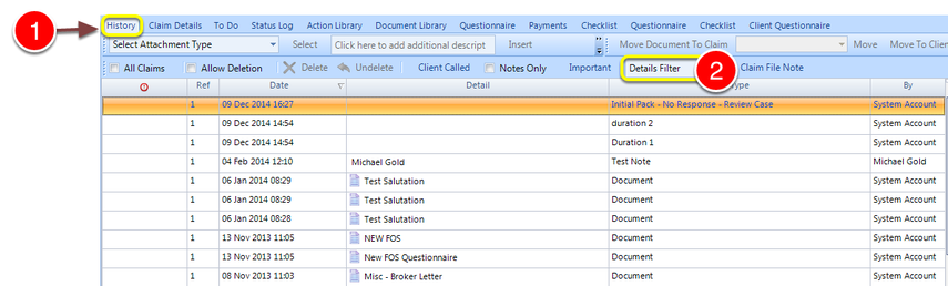 Open a client and select the history tab