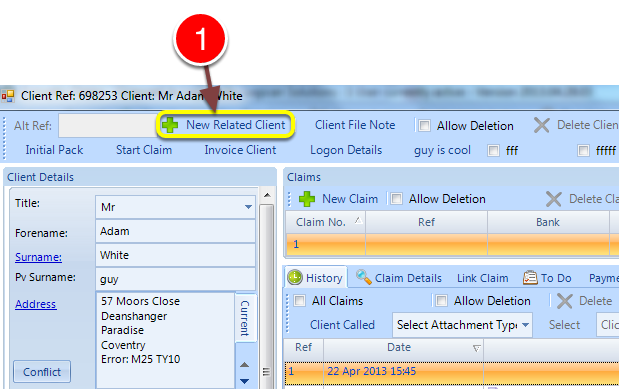 Open an Existing Client's Window to add the related client