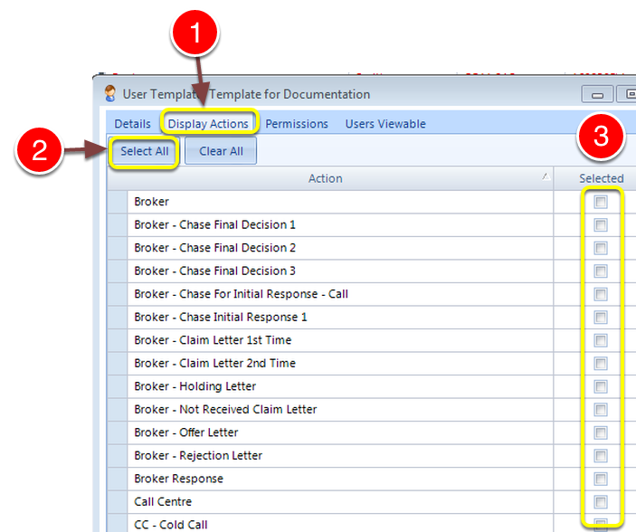 Select Default Display Actions