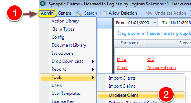 Open the Undelete Client window