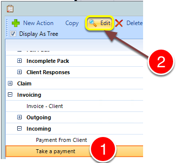 Open the Action set-up window