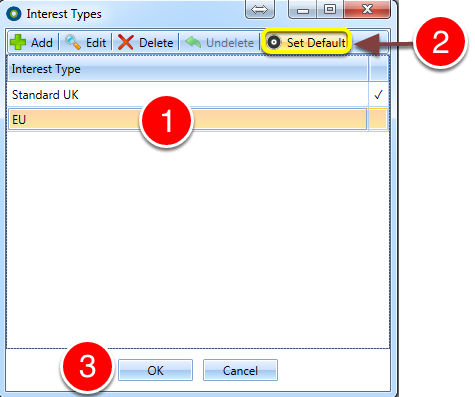 Select the Interest Type to set as Default