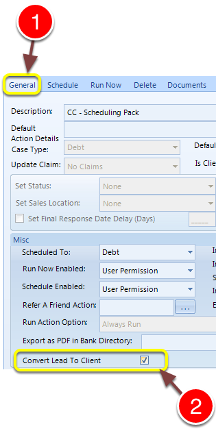 Tick the Convert Lead to Client tick box