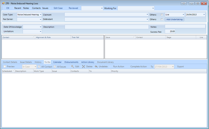This displays a blank new case of the type that was selected