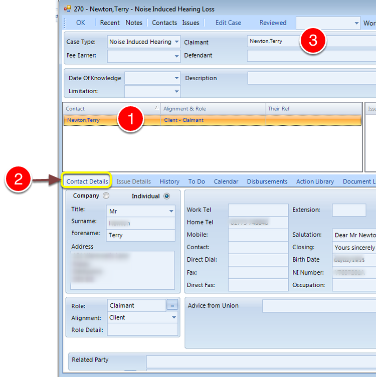 The claimant is added to the case in the contacts list
