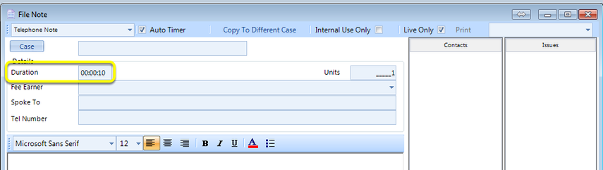 A blank telephone note is created that automatically starts timing the call