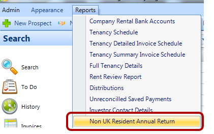 Select the Non UK Resident Annual Return from the Reports menu in the Main Screen
