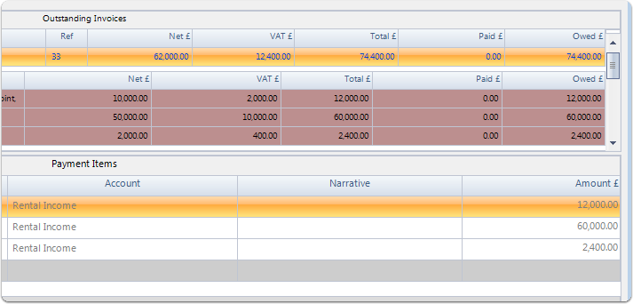 By default ALL three items are selected with the full outstanding amounts entered in the payment details