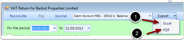 Open a VAT Return screen and click on Export