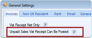 Ensure the \"Unpaid Sales Vat Receipt Can Be Posted\" check box is ticked