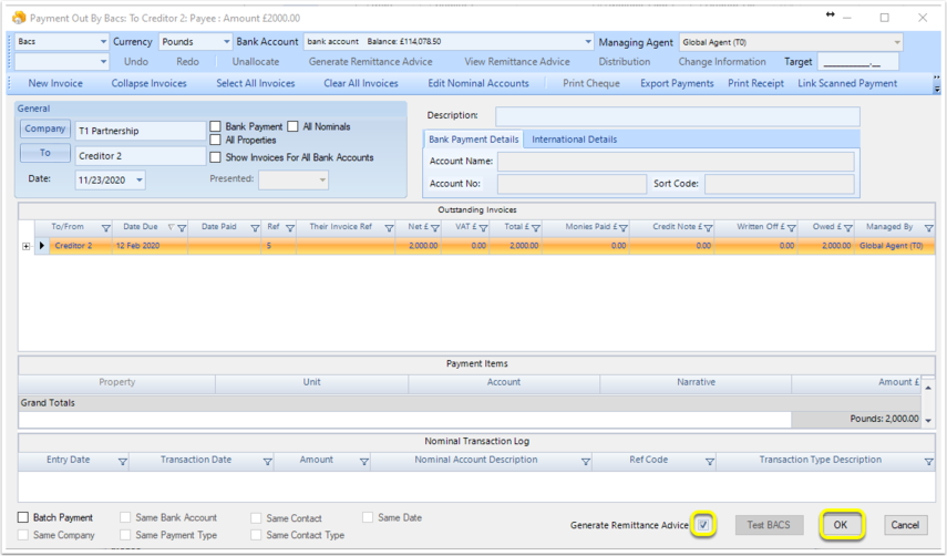Payment Out By Bacs: To Creditor 2: Payee : Amount £2000.00