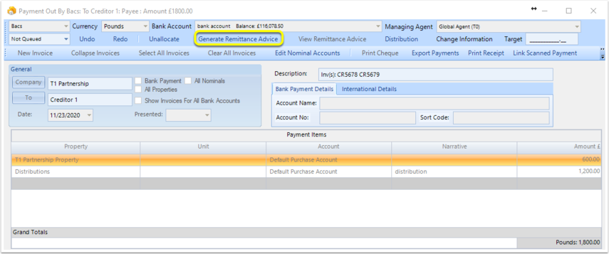 Payment Out By Bacs: To Creditor 1: Payee : Amount £1800.00