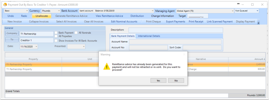 Payment Out By Bacs: To Creditor 1: Payee : Amount £3000.00
