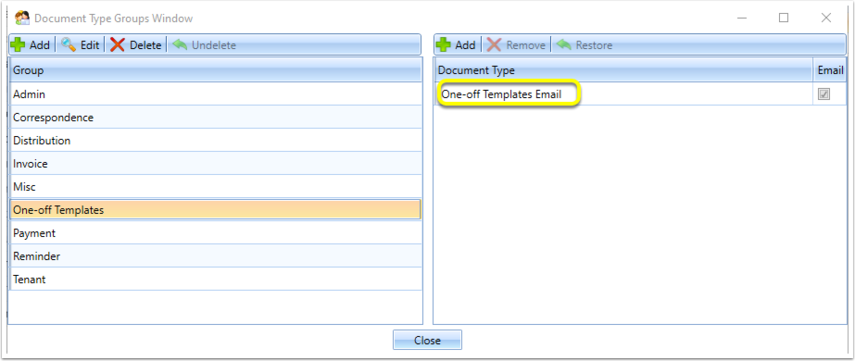 Document Type Groups Window