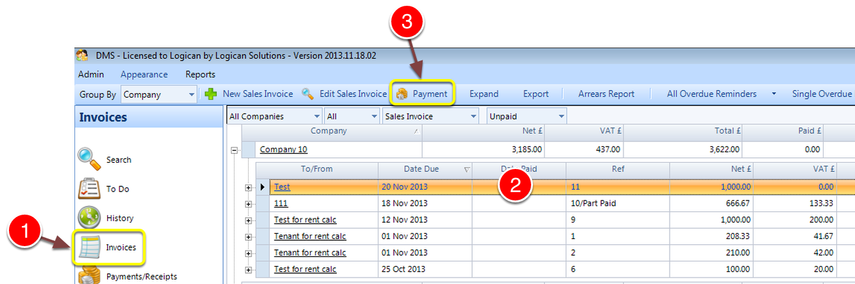 Select invoice to Part Pay