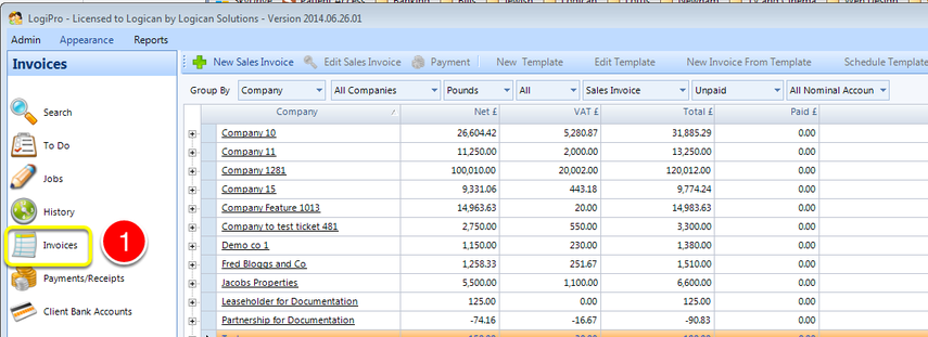 Open the Invoices window