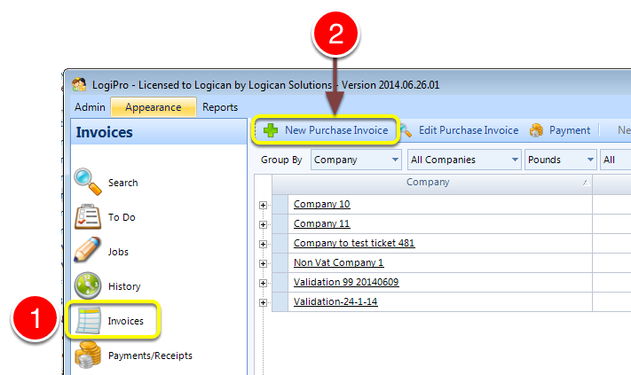 Open the Invoices window