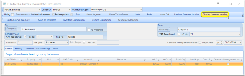 T1 Partnership Purchase Invoice: Ref 2: From Creditor 1