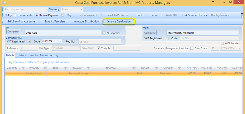 Invoice Distribution from a Purchase Invoice