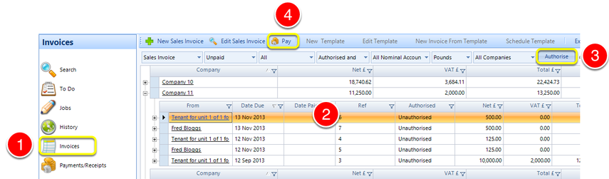 Authorise Payments from the Main Invoice Window