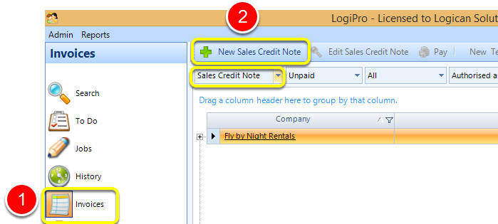 Manually Create Credit Notes from the Main Invoice Window