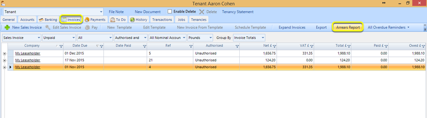 Arrears Report from a Contact