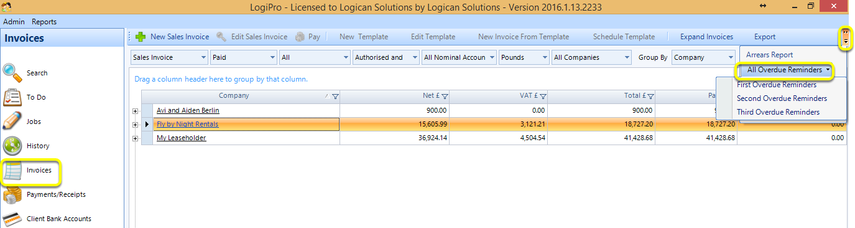 Generate Overdue Invoices from the Main Invoice Screen