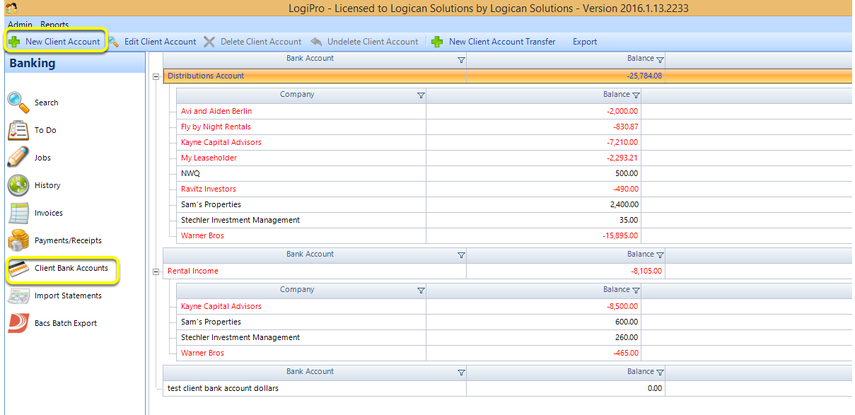 Client Bank Accounts Screen