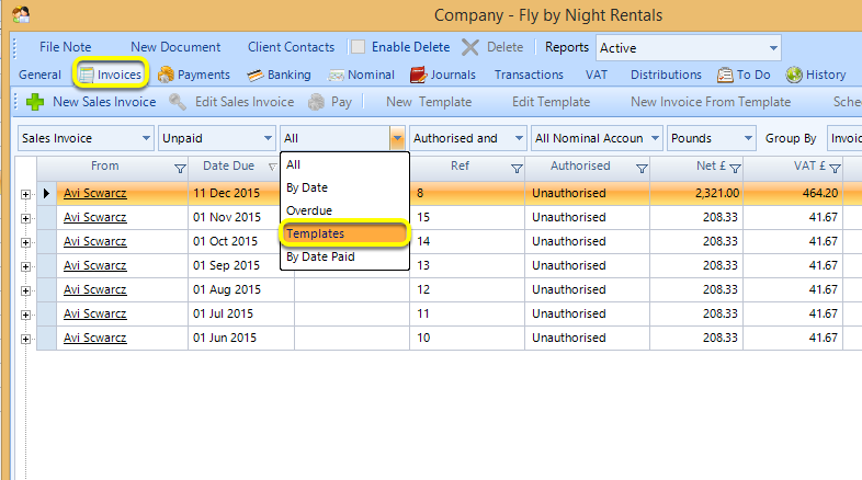 From a Company Invoices Tab